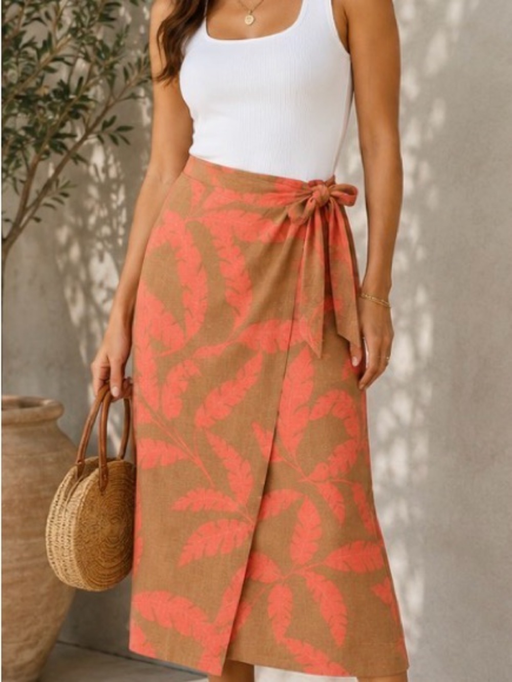 Liz Claiborne Coral Leaf Wrap Midi Skirt